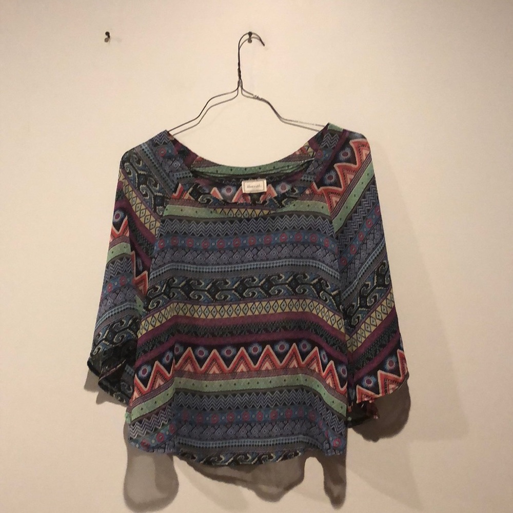 About a Girl Geometric Aztec Print Sheer Blouse